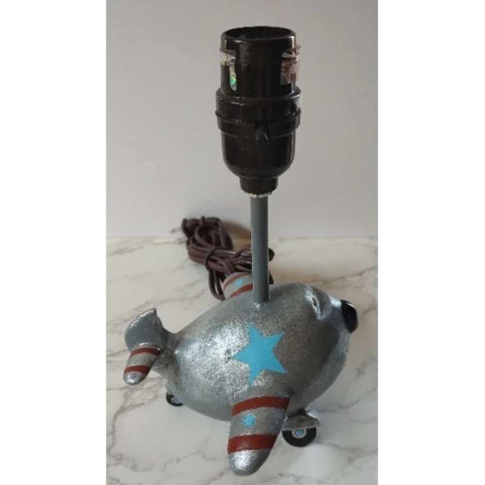 Nursery boys room lamp airplane pilot Air Force motif silver blue red works 408